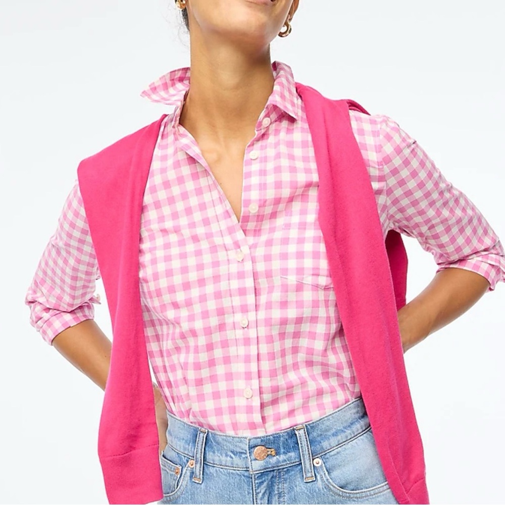 NWT J. Crew Petite Gingham Lightweight Cotton Shirt Vivid Fuchsia Ivory
